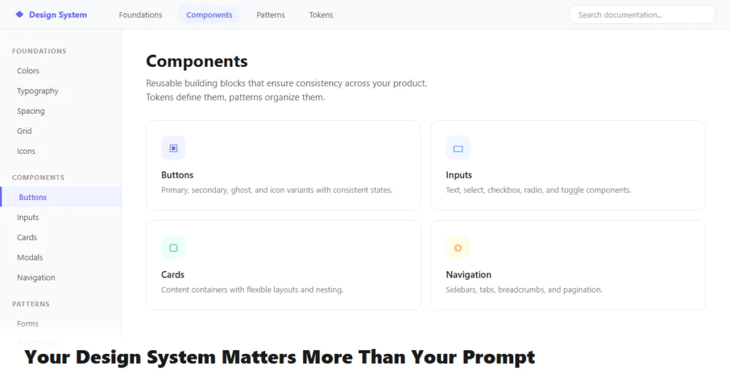 Design system interface mock showing organized components, tokens, and patterns