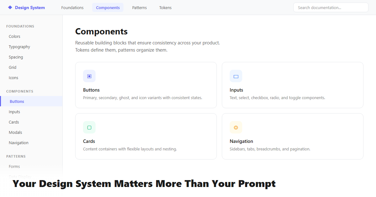 Design system interface mock showing organized components, tokens, and patterns